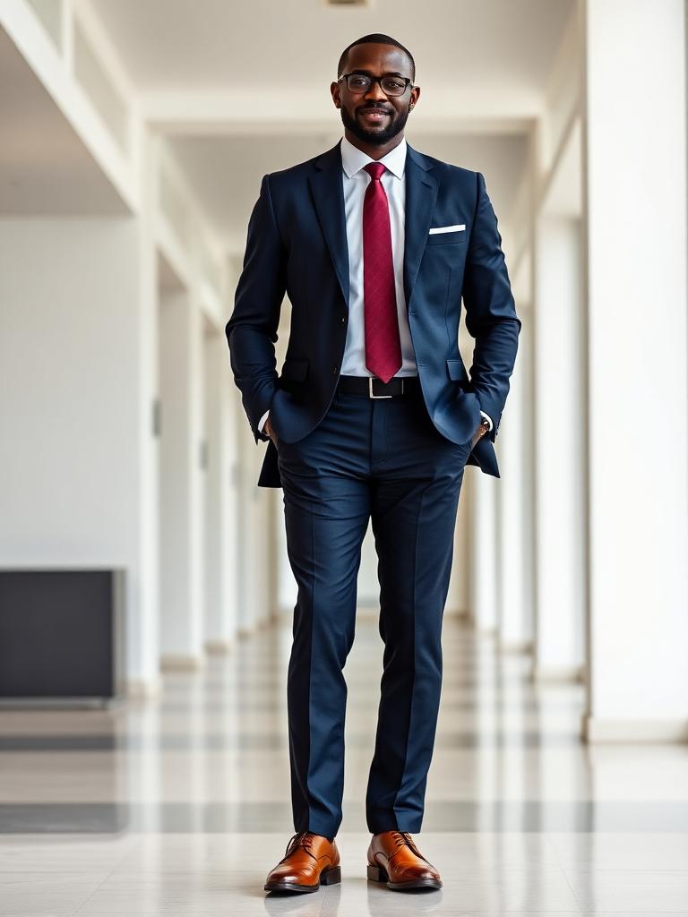 Man in a navy suit with a burgundy tie