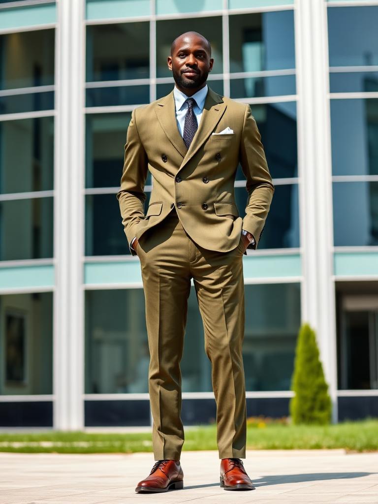 Man in a tailored olive green suit outside a glass office building