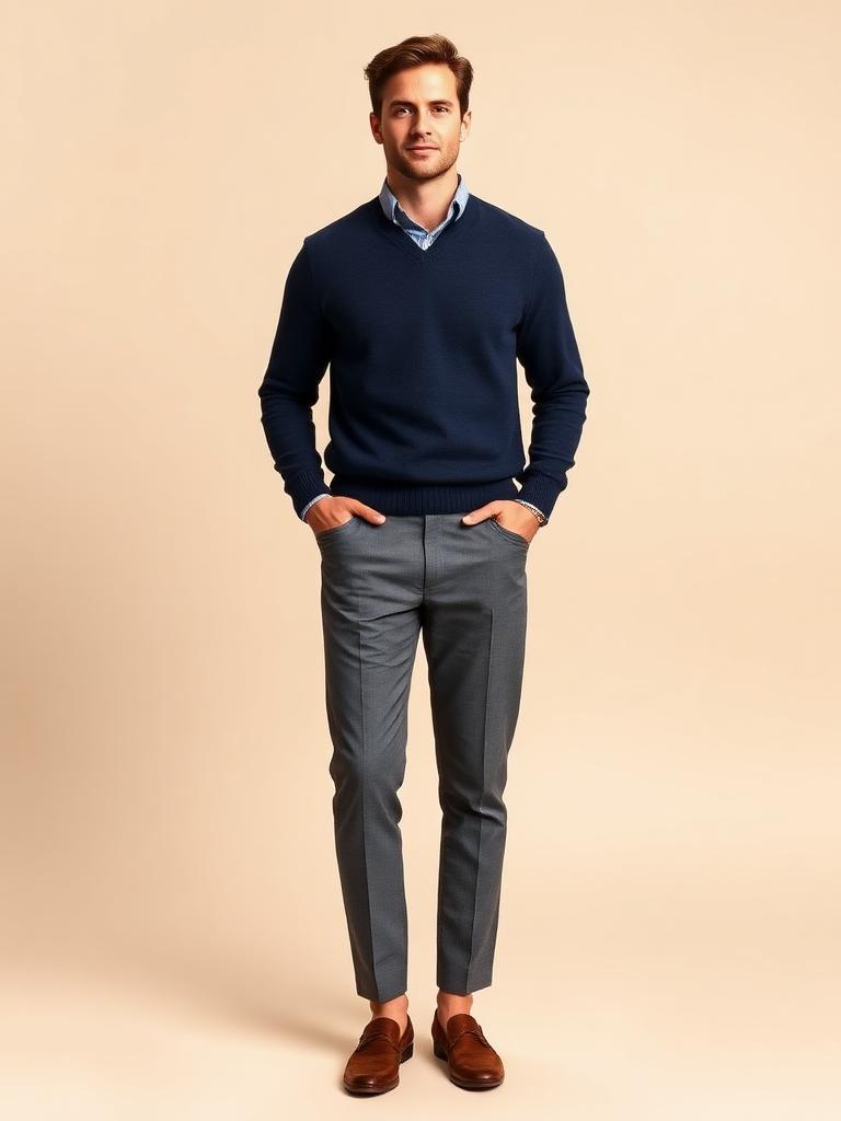 Man wearing a navy knit sweater over a collared shirt with grey trousers
