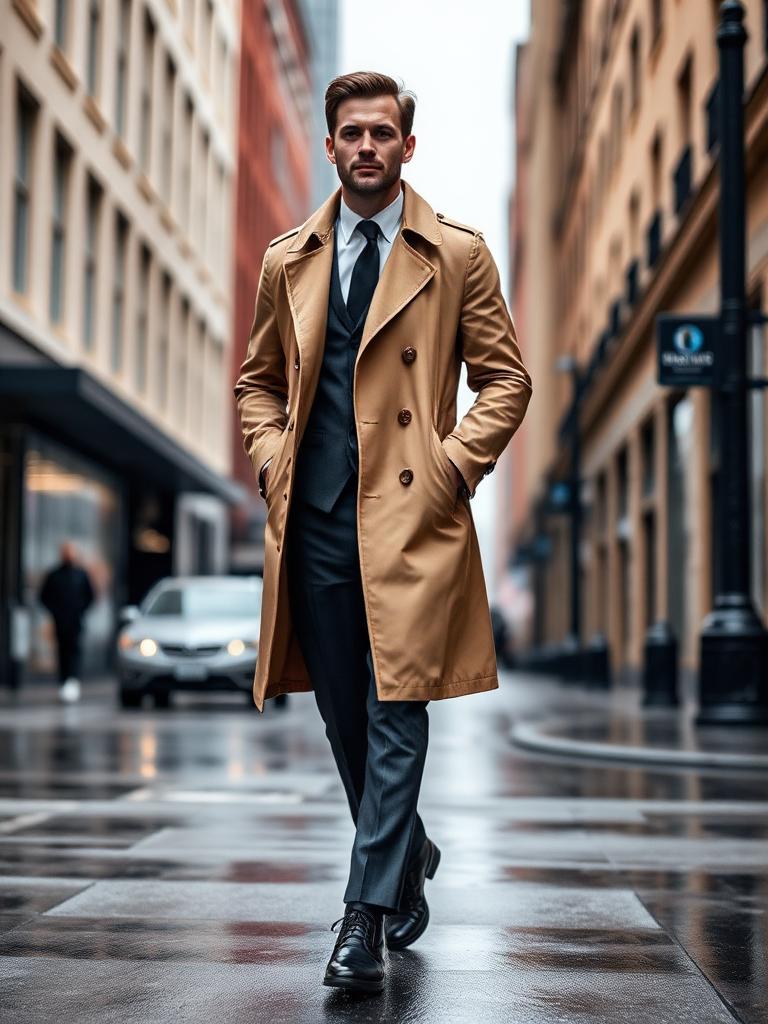 Man in a tan trench coat over a charcoal suit walking on a rainy street