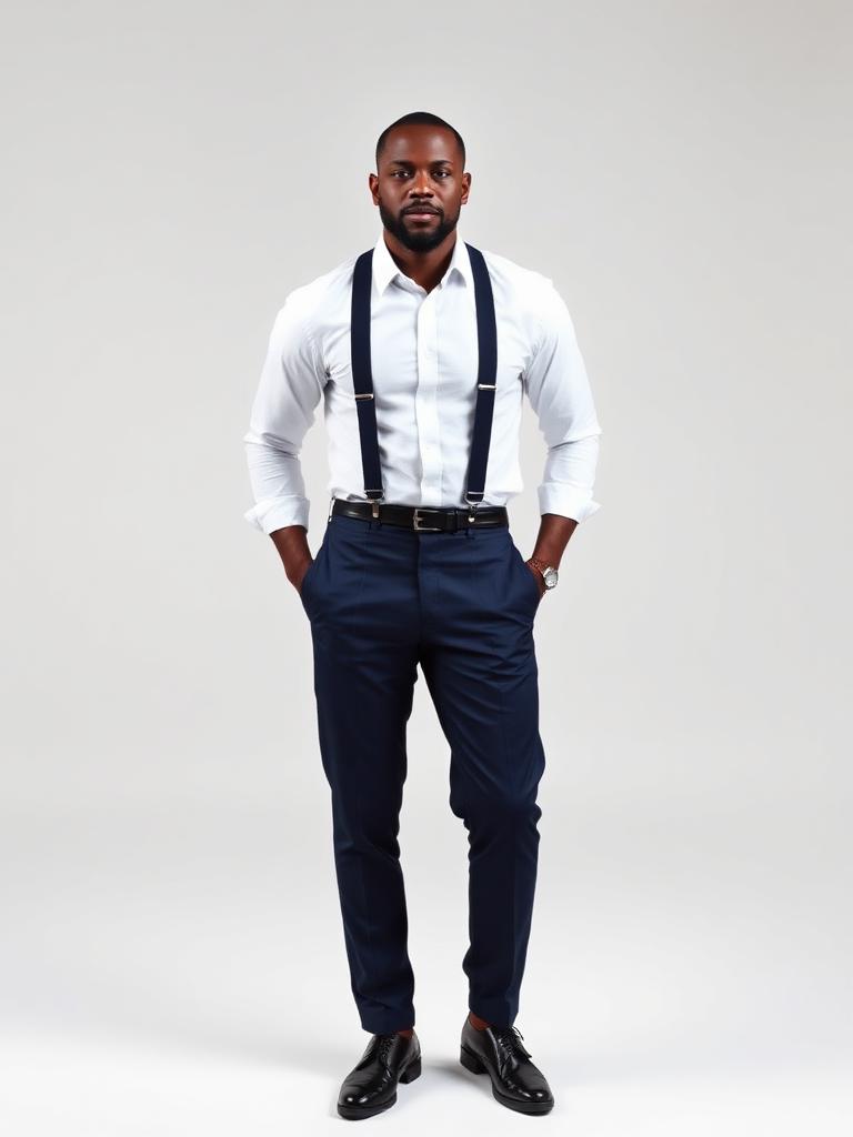 Man in a white shirt with braces and navy tailored trousers