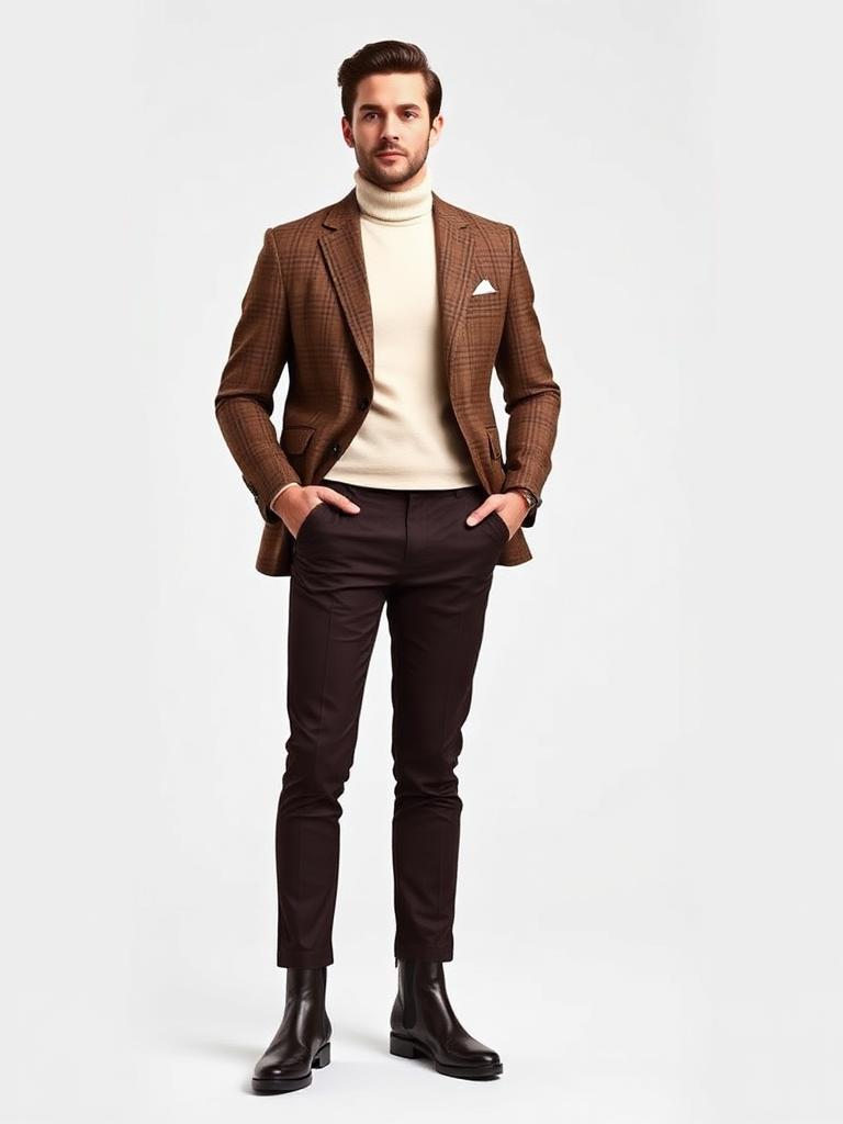 Man in a brown checked blazer with a cream turtleneck