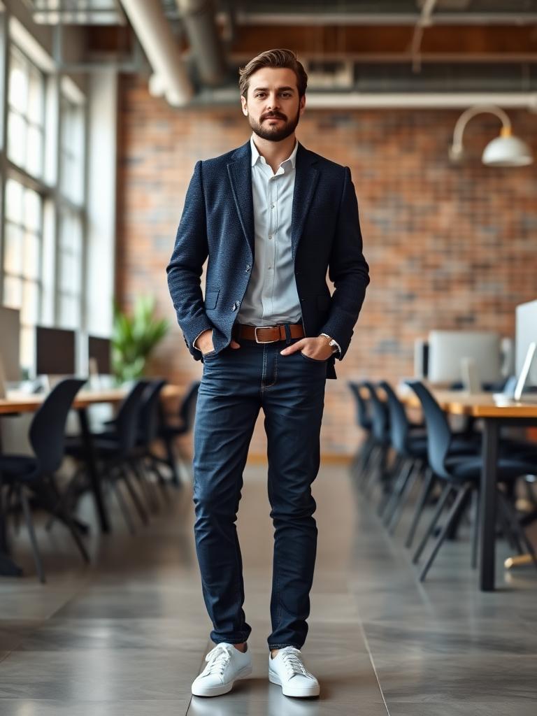 Man in a navy knit blazer, white shirt, dark denim and white sneakers
