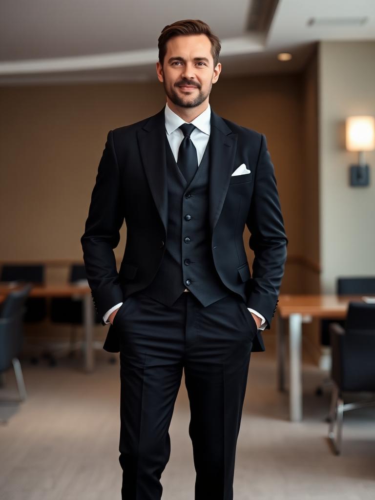 Man in a black three-piece suit with a waistcoat and black tie