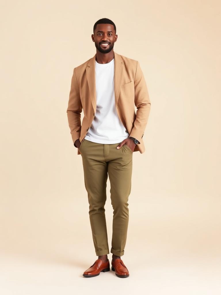 Man in a camel blazer, white t-shirt and olive tailored trousers
