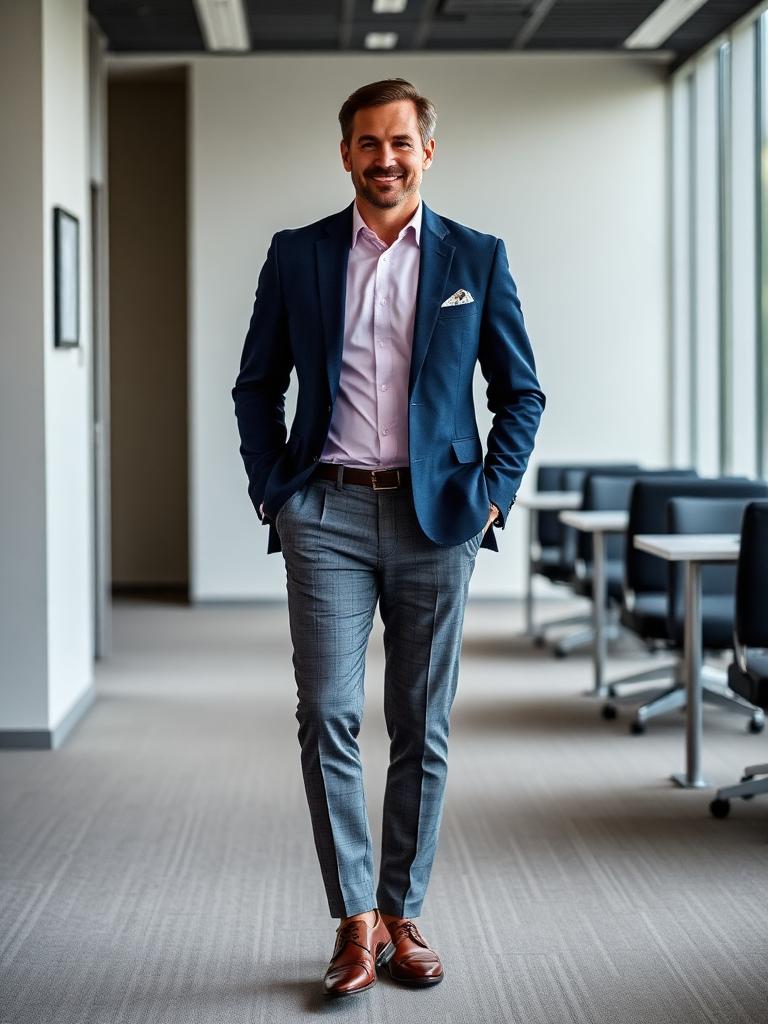 Man in a navy blazer with grey flannel trousers and a pink shirt