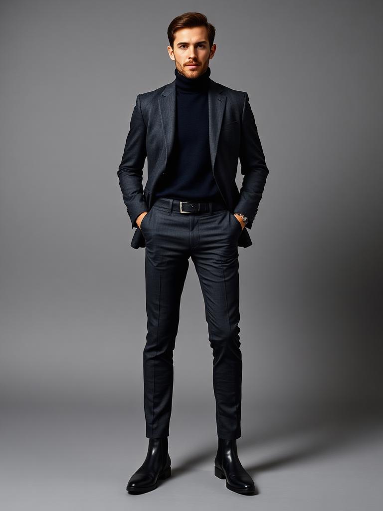 Man wearing a navy roll-neck under a charcoal suit with chelsea boots