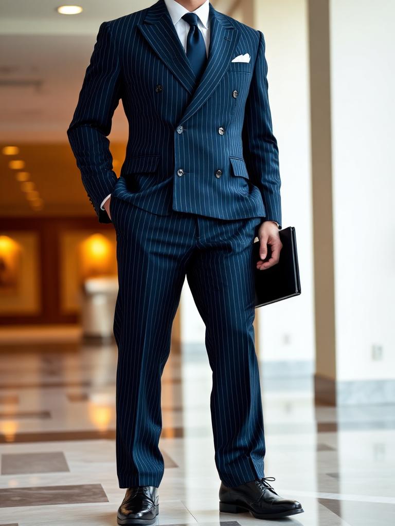 Man in a navy pinstripe double-breasted suit