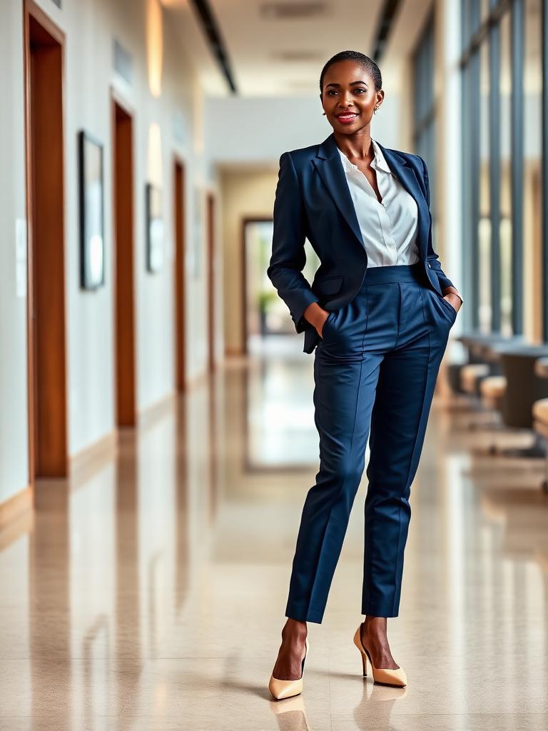 Woman in a navy tailored trouser suit with a white silk blouse