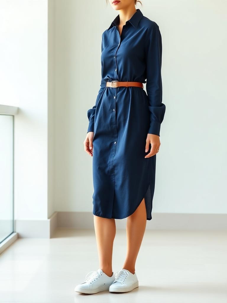 Woman in a navy belted shirt dress with white sneakers