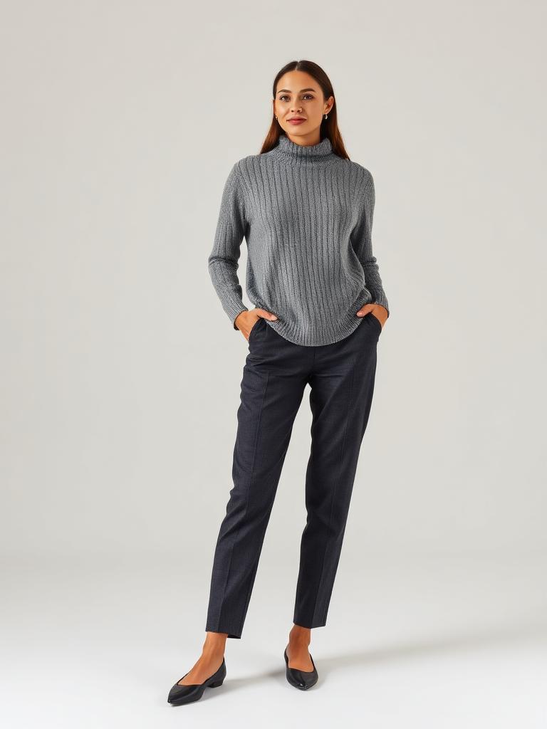 Woman in a grey knit top with charcoal tailored trousers and flats