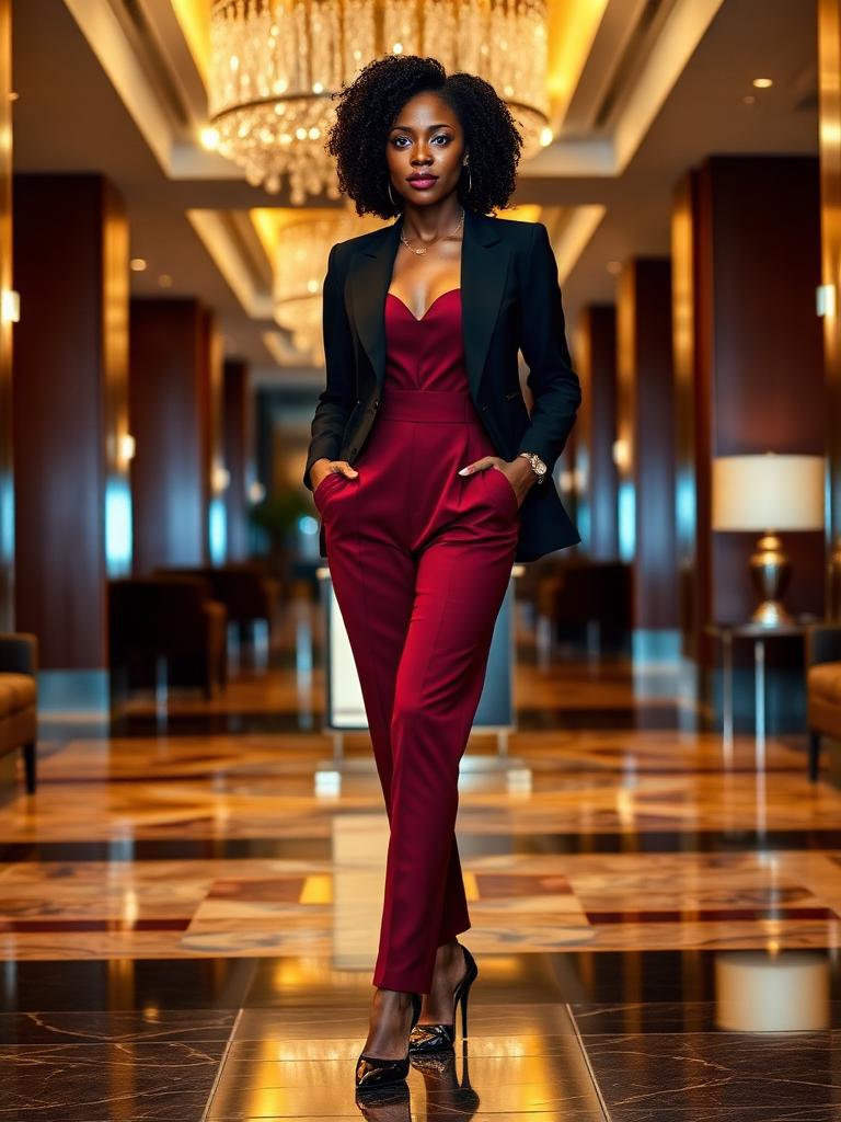 Woman in a burgundy jumpsuit with a black tailored blazer