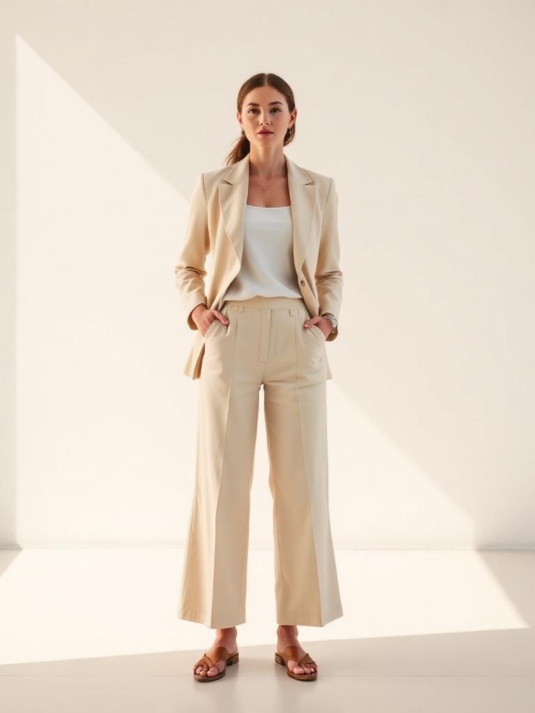 Woman in a beige linen blazer with cropped wide-leg trousers