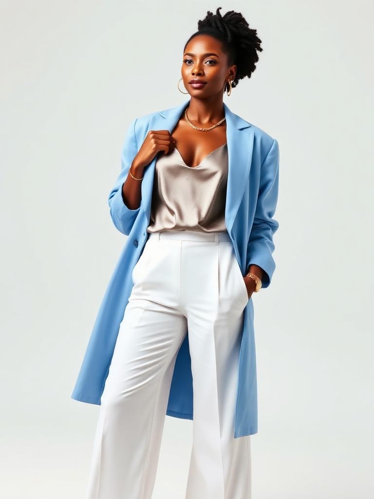Woman in a soft blue oversized blazer with white wide-leg trousers