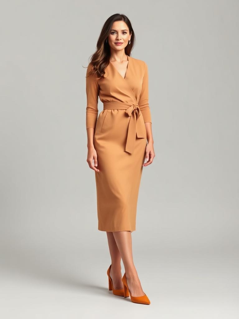 Woman in a camel wrap midi dress with block heels