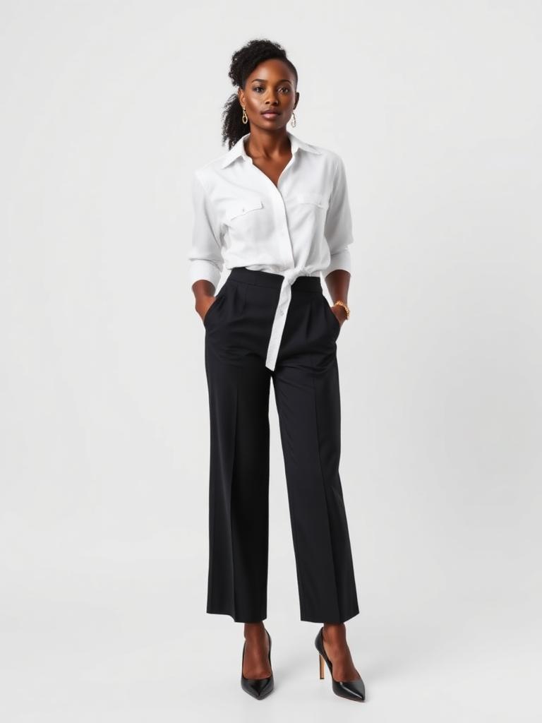 Woman in a white shirt tucked into black wide-leg tailored trousers