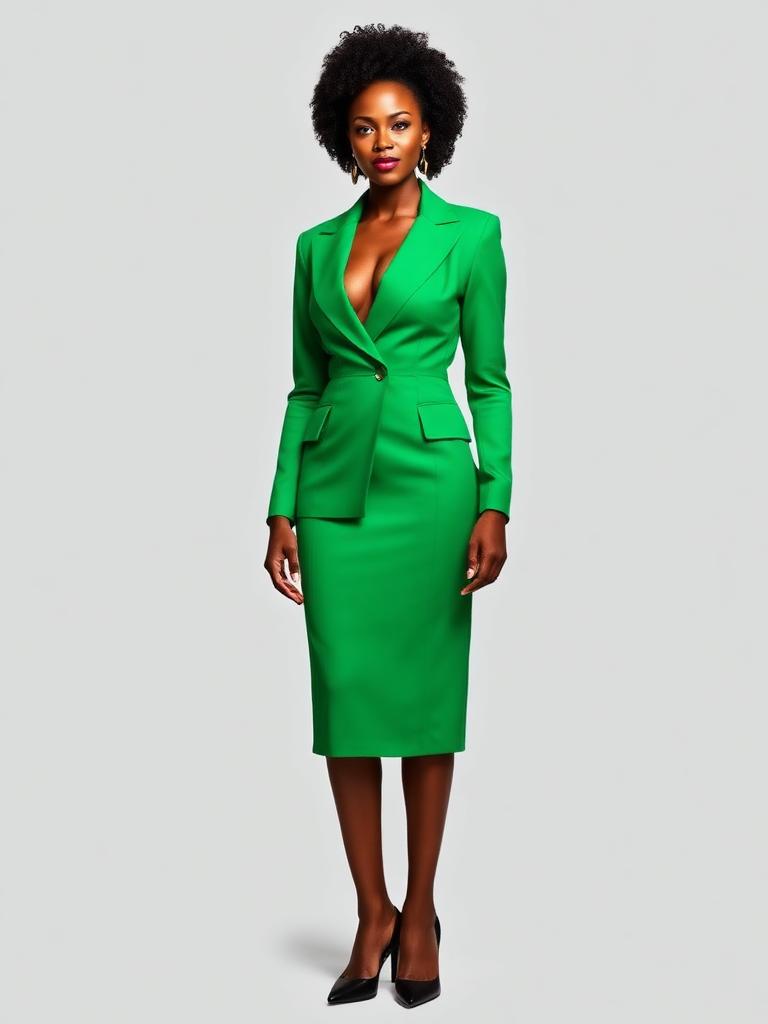 Woman in an emerald green tailored blazer dress