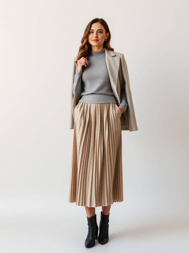 Woman in a pleated satin midi skirt with a knit top and tailored coat