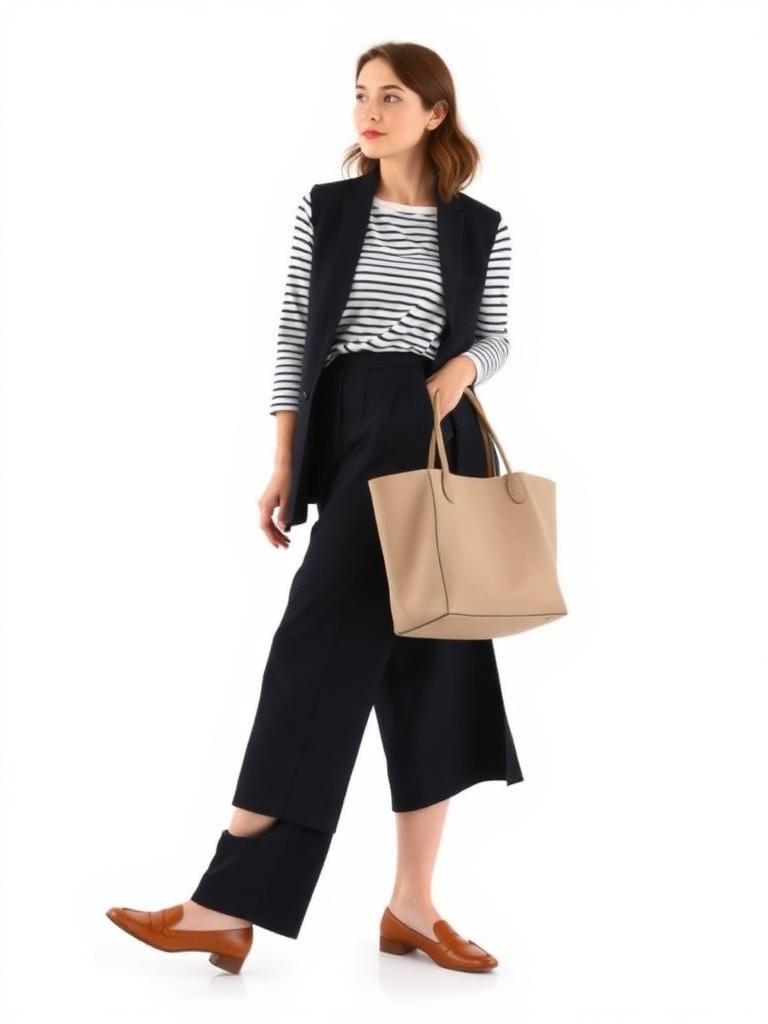Woman in navy culottes, a striped top and tan loafers carrying a tote bag