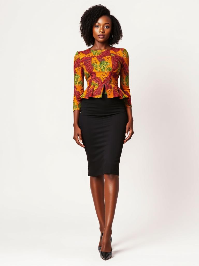 Woman in an African print peplum top with a black pencil skirt